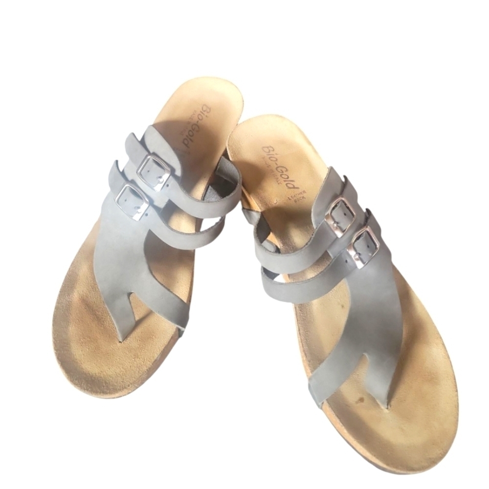 Bio-Gold Women's Gray Leather Cork Wedge Made In Italy Sandals SZ 9 - Picture 9 of 9